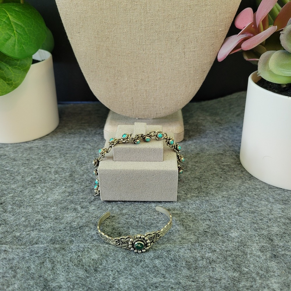 Vintage Child Southwestern Bracelet Lot 2 Genuine Turquoise Nickel Silver KIDS!